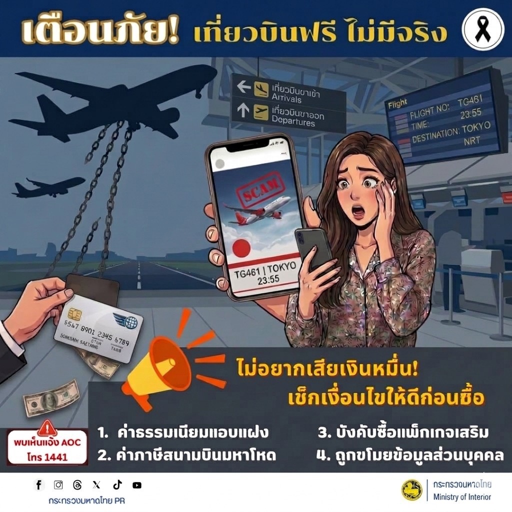 จังหวัดบุรีรัมย์- GROWTH Team Satuek+ - สพอ.สตึก  ประชาสัมพันธ์     เตือนภัย! “เที่ยวบินฟรี” ไม่มีจริง