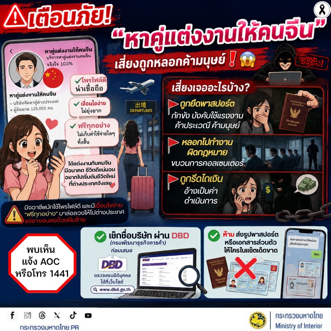 จังหวัดบุรีรัมย์- GROWTH Team Satuek+ - สพอ.สตึก  ประชาสัมพันธ์   เตือนภัยสายฝัน! ระวังกลโกง “หาคู่แต่งงานให้คนจีน” เสี่ยงตกเป็นเหยื่อค้ามนุษย์  