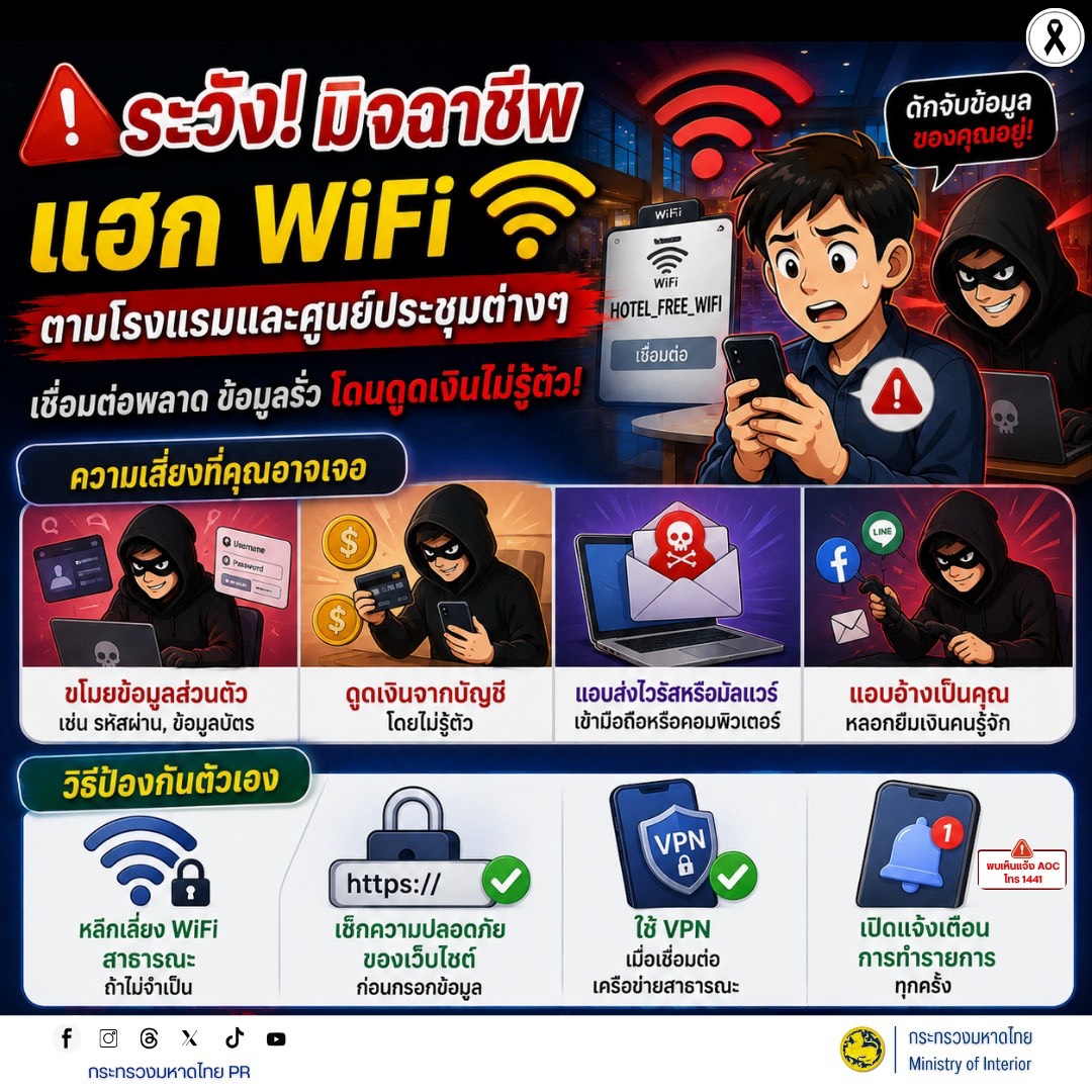 จังหวัดบุรีรัมย์- GROWTH Team Satuek+ - สพอ.สตึก  ประชาสัมพันธ์  แฮก Wi-Fi อาจเปิดช่องให้ข้อมูลส่วนตัวถูกดักขโมย — หลีกเลี่ยง Wi-Fi สาธารณะที่ไม่น่าเชื่อถือ